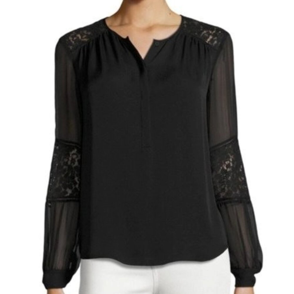 REBECCA TAYLOR Sarah Silk Lace-Panel Top in Black - Size 6 NWT